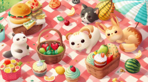 In the file named Charming Picnic Wallpaper youll discover a lovely scene with cartoon animals enjoying a picnic including sandwiches fruit and cupcakes on a checkered blanket