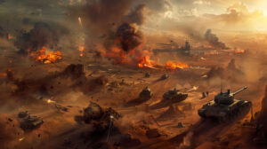 In the image battlefield.jpg a fierce battle scene unfolds with tanks navigating a war torn terrain explosions sending smoke into the air and soldiers fighting for control