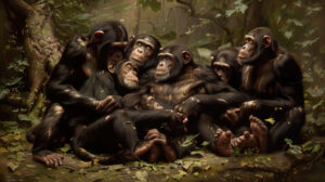In the serene forest backdrop chimpanzees bond as they groom one another connecting through gentle touches showcased in the Wallpaper Forest Serenity with Chimpanzees Grooming