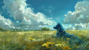 In the wallpaper a tranquil rural backdrop showcases a blue dog relaxing in a lush meadow its coat gently tousled by the breeze