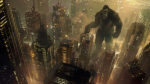 In this surreal wallpaper King Kong towers over a forest of skyscrapers his massive figure casting a shadow over the busy city below