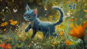 In this wallpaper a lively blue cat joyfully pursues butterflies across a meadow of vibrant wildflowers its tail raised in excitement