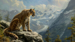 In this wallpaper a tranquil mountain scene captures a cougar poised on a rocky ledge gazing over its domain with regal confidence and grace