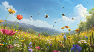 In this wallpaper bumblebees flit amidst wildflowers injecting a splash of color into the picturesque field