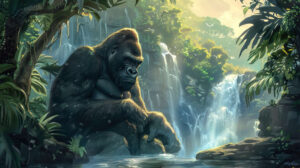 King Kong in a tranquil setting amidst rich vegetation and flowing waterfalls a serene wallpaper capturing his natural habitat