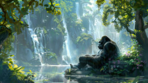 King Kong in his natural habitat amidst lush greenery with cascading waterfalls creates a serene wallpaper