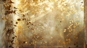 Nature inspired wallpaper features intricate gold leaf vines and leaves climbing the walls bringing outdoor beauty indoors