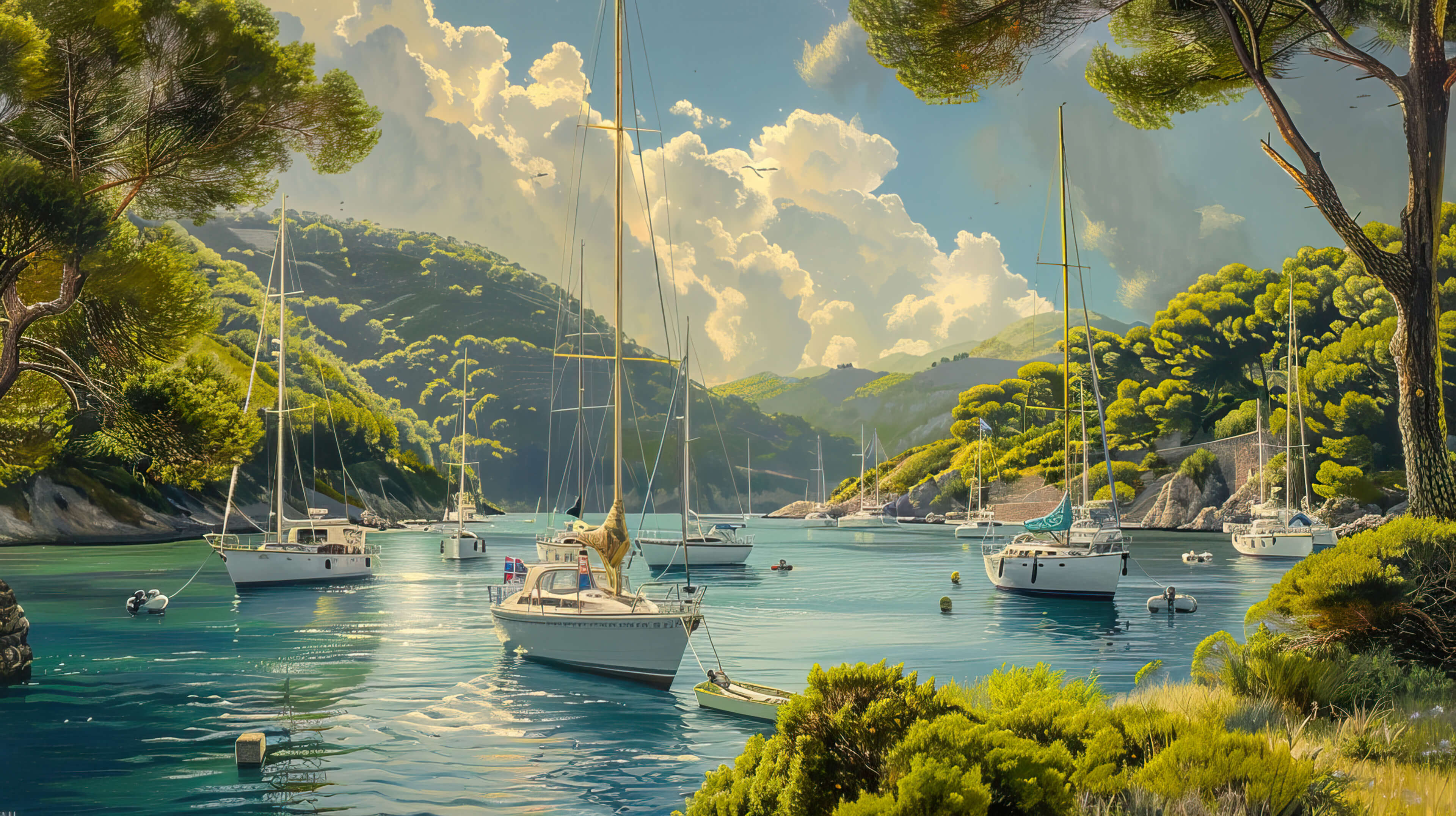 Sailboats peacefully dot a tranquil bay with their towering masts set against a backdrop of verdant hills and vivid blue waters in this wallpaper