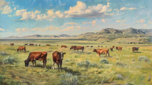Scenic wallpaper capturing the vast western landscape featuring grazing cattle on rolling plains and mesas fading into the distance