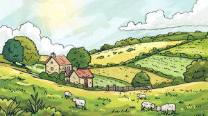 Scenic wallpaper featuring an enchanting rural scene with gentle hills charming houses and sheep grazing under a sunny sky
