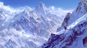 Snow capped peaks in the distance frame the descent of a snowboarder on a steep mountain slope in this wallpaper