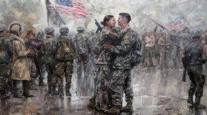Soldiers reuniting with loved ones amidst cheering crowds and waving flags after years of separation portraying a hopeful return from war. 147 characters