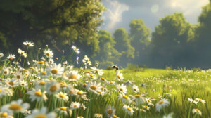 Sunlit meadow adorned with daisies and buzzing bumblebees working diligently under the warm sun