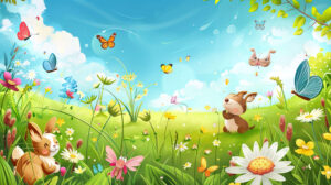 The image file is named An adorable wallpaper with cartoon animals playing in a meadow chasing butterflies and frolicking in the sunshine.jpg