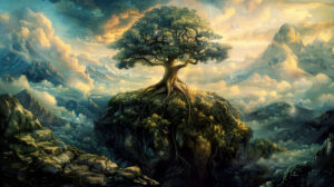 The wallpaper features a mystical representation of the World Tree Yggdrasil with its branches reaching high into the heavens and extending deep into the underworld.