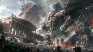 Titans face off against Olympian gods in an intense battle with Atlas showcasing his unrivaled strength as the central figure