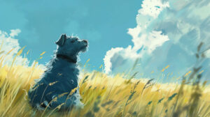 Tranquil rural backdrop featuring a leisurely blue dog amidst tall grass its fur gently tousled by the breeze. Note For wallpaper use