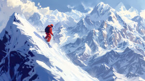 Wallpaper capturing a snowboarder gracefully descending a steep mountain slope with snow capped peaks in the distance presented in panoramic view
