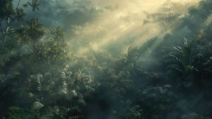 Wallpaper featuring a misty jungle canopy sunlight filtering through dense foliage to illuminate the forest floor below
