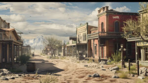 Wallpaper featuring a rustic Old West town complete with saloons hitching posts and tumbleweeds drifting along dusty streets