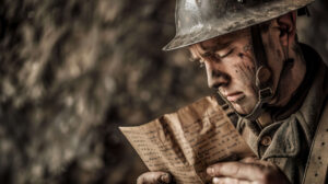 Wallpaper showing a soldier embracing mixed emotions while reading a heartfelt letter from home finding solace in the love filled words