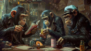 Whimsical wallpaper featuring chimpanzees dressed in human attire partaking in daily tasks such as cooking reading and playing music