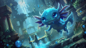 Whimsical wallpaper featuring fantastical blue axolotls with jewel like eyes and flowing fins dancing among underwater ruins and ancient artifacts