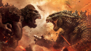 Witness the epic clash between King Kong and Godzilla in a thrilling showdown captured beautifully in Legendary Titans Battle Amidst Destruction.jpg wallpaper