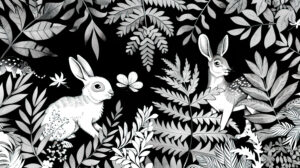 Woodland creatures like rabbits squirrels and deer playfully frolic among lush foliage and towering trees in a charming doodle themed wallpaper