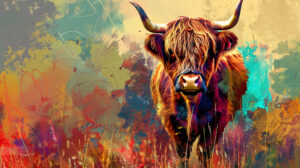 A Highland cow is artistically depicted against a colorful abstract background merging modern art with rustic charm in Highland Cow with Abstract Background.jpg