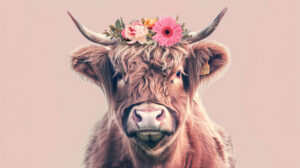 A Highland cow with a floral crown in a whimsical style against a pastel colored backdrop creates a charming and light hearted wallpaper