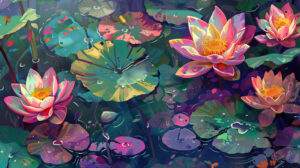 A beautiful wallpaper showcasing lotus flowers and lily pads in vibrant colors and intricate details evoking a feeling of harmony and balance