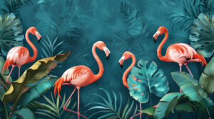 A bold and exotic wallpaper featuring flamingos and tropical leaves on a vibrant teal backdrop