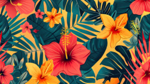 A bold vibrant wallpaper showcasing an abstract pattern with tropical leaves and flowers creating a feeling of tropical paradise