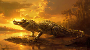 A breathtaking wallpaper capturing a crocodile elevated on a riverbank under the setting sun illuminating its textured scales with a golden hue
