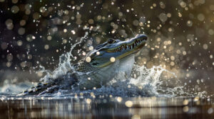 A breathtaking wallpaper capturing a crocodiles sudden leap from the water to seize its prey with suspended water droplets freezing the intensity