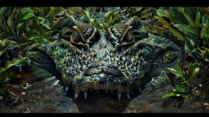 A camouflage wallpaper displaying a crocodile hidden among aquatic plants with only its eyes and nostrils peeking above the waterline