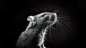 A captivating black and white wallpaper showcasing a rat poised on its hind legs emphasizing its glossy fur and intricate features