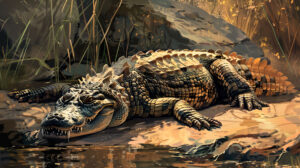 A captivating wallpaper capturing a crocodile lounging on a riverbank in the scorching sun its textured skin seamlessly merging with the rocky and reedy backdrop
