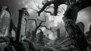 A captivating wallpaper featuring a black and white photo of a gothic cemetery with old tombstones and eerie twisted trees