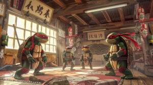 A captivating wallpaper of the Ninja Turtles practicing in a dojo under Master Splinters guidance with martial arts gear in the background.jpg