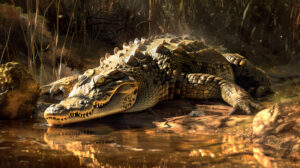 A captivating wallpaper showcasing a crocodile resting on a riverbank its rugged scaly exterior merging with the rocks and reeds under the blazing sun