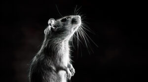 A captivating wallpaper showcasing a rat in black and white captured on its hind legs revealing its elegant fur and delicate traits
