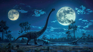 A captivating wallpaper showing dinosaurs under the full moons glow setting a mystical and enigmatic ambiance in a nighttime setting