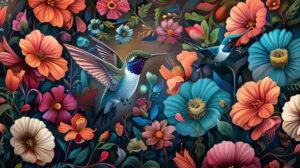A captivating wallpaper showing lively hummingbirds flitting through a vibrant flower garden evoking a feeling of dynamism and motion