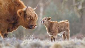 A charming Highland cow calf stands next to its mother accentuated by the calfs dainty horns and soft fluffy fur enhancing its lovable look