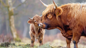 A charming Highland cow calf stands next to its mother showcasing its cute small horns and fluffy fur in an endearing way. This is a great choice for a wallpaper