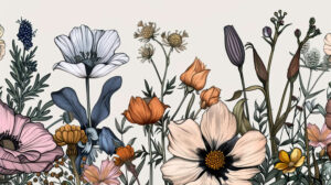 A charming portrayal of diverse flowers captured in a vintage botanical print style showcasing fine details and understated color schemes in the wallpaper