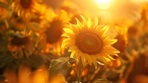 A charming scene of sunflowers bathed in the warm glow of the setting sun with their vibrant yellow petals brightening the view