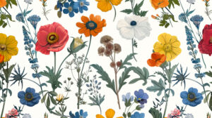 A charming vintage botanical print featuring an assortment of flowers showcasing delicate details and nuanced color schemes in a whimsical style